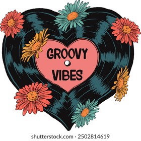 Un diseño de Vector vibrante y retro con un disco de vinilo en forma de corazón adornado con flores de colores, que captura la esencia de la música de los años 70 y vibraciones de espíritu libre.