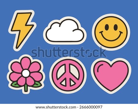 Vibrant retro vector stickers set with lightning, cloud, smiley face, flower, peace sign, and heart. Groovy Y2K style positive symbols on blue