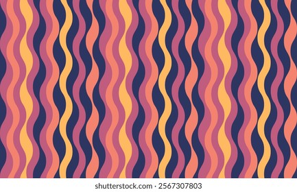 Vibrant retro wavy stripes pattern.  Perfect for website backgrounds, textile designs, or any project needing a 70s vibe.  Bold colors and seamless repeat. Ideal for adding a touch of vintage style.