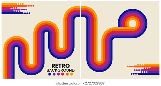 Fundo abstrato vibrante retrorinspirado com listras em camadas do arco-íris formando um caminho curvo contínuo em dois painéis beges. Ideal para projetos de design que buscam energia nostálgica, cor arrojada e vibração retrô.

