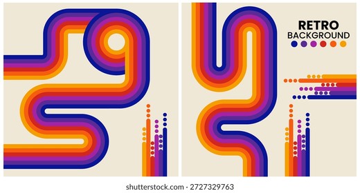Vibrantes fondos abstractos de inspiración retro con rayas de arco iris superpuestas, caminos curvos y acentos punteados. Ideal para proyectos de diseño, tecnología y creativos que necesitan colores llamativos y profundidad geométrica.

