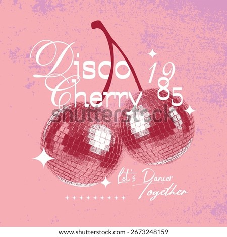 A vibrant retro-inspired graphic featuring two disco ball cherries with a playful vintage aesthetic. Perfect for party posters, retro t-shirts, funky tote bags, stickers, and creative merchandise.  