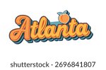 A vibrant, retro-inspired logo featuring the word "Atlanta" in orange and yellow with a blue shadow, topped with a peach illustration, set against a white background.