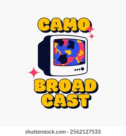 A vibrant retro-inspired logo showcasing a classic TV with a bold camouflage pattern, paired with the text "Camo Broadcast" in a dynamic font.