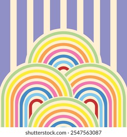 A vibrant retro-inspired pattern featuring overlapping rainbow arches in pastel shades, set against a vertical striped background with soft purple and cream tones. Perfect for vintage-themed designs, 