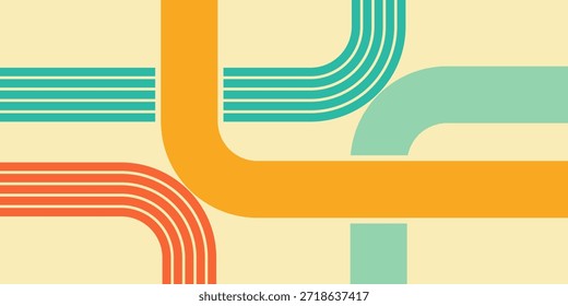 Un fondo abstracto de estilo retro vibrante con líneas que se cruzan y fluyen en naranja, verde azulado y verde claro sobre un fondo crema, evocando una sensación de conexión y movimiento.