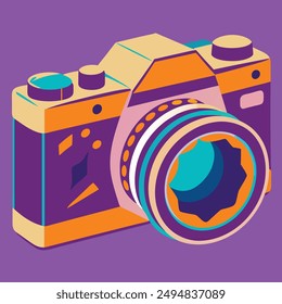 Vibrant retro-style camera illustration on a purple background.