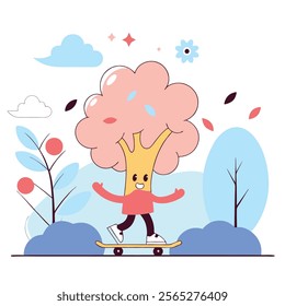 A vibrant retro-style cartoon illustration of a tree character skateboarding. Perfect for websites, blogs, children's books, apparel, and branding projects needing a fun, playful aesthetic