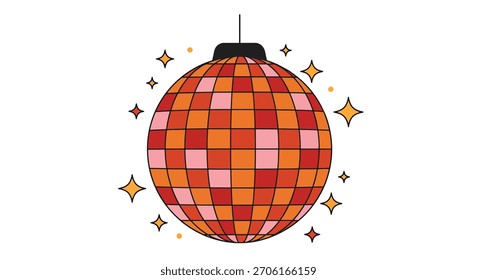Una vibrante bola de discoteca de estilo retro con un patrón a cuadros de cuadrados naranjas y rosados, rodeado de destellos brillantes.