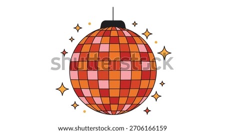 A vibrant, retro-style disco ball with a checkered pattern of orange and pink squares, surrounded by twinkling starbursts.