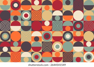 A vibrant retro-style geometric pattern featuring colorful circles, half-circles, and concentric rings in a seamless grid layout with bold, earthy tones.