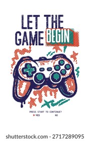 Video Un gráfico vibrante de estilo retro con un controlador de juego de L angustiado con medios tonos y Elementos de arte de línea, acompañado por el texto "LET THE GAME BEGIN" y "¿PRENSA CONTINUAR START TO?".