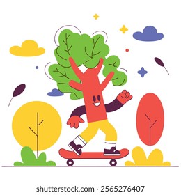 A vibrant, retro-style illustration of a cartoon tree character skateboarding. Perfect for websites, blogs, children's books, apparel, and other projects needing a fun, whimsical touch