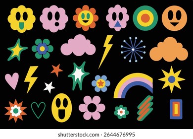 Vibrant Retro-Style Pattern of Fun Icons on Black Background
