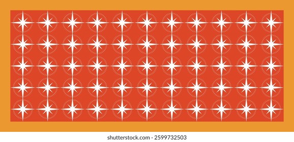A vibrant, retro-style repeating pattern featuring bold, white eight-pointed stars arranged in a neat grid