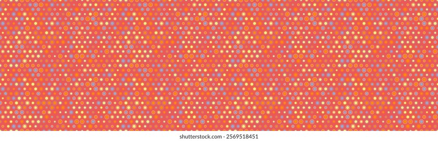 Vibrant, retro-style seamless pattern featuring colorful polka dots on a coral background.