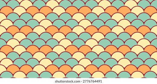 Vibrant retrostyle seamless pattern featuring overlapping semicircles in pastel orange, teal, and cream.
