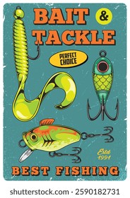 A vibrant retro-style sign promotes a bait and tackle shop from 1991. The design features colorful fishing lures highlighting the perfect choice for anglers.