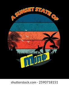 A vibrant retro-style t-shirt design featuring a tropical sunset scene with palm trees, a surfer, and seagulls. The warm color palette and vintage typography give it a classic beach vibe, perfect for 