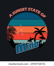 A vibrant retro-style t-shirt design featuring a tropical sunset scene with palm trees, a surfer, and seagulls. Warm color palette and vintage typography represent a classic beach vibe.