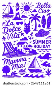Vibrant retro-style vector illustration celebrating the joy of summer holidays. Features iconic travel elements such as sailboats, palm trees, a lighthouse, surfboards, waves, sun