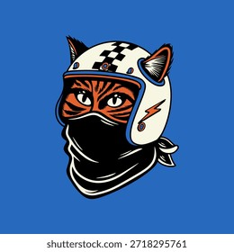 Uma ilustração vetorial vibrante, retro-estilo com um gato listrado de tigre vestindo um capacete de motocicleta vintage com um padrão quadriculado e uma bandana preta, exalando uma estética de motociclista legal e rebelde. Este gráfico atraente retrata um personagem felino feroz adornado em equipamentos de corrida clássicos contra um fundo azul arrojado, perfeito para temas de velocidade, aventura e individualidade.
