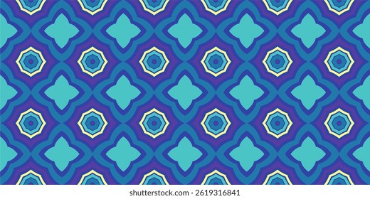A vibrant, retro-style vector pattern featuring repeating floral and star shapes. The background uses bold blue, teal, purple, and yellow tones