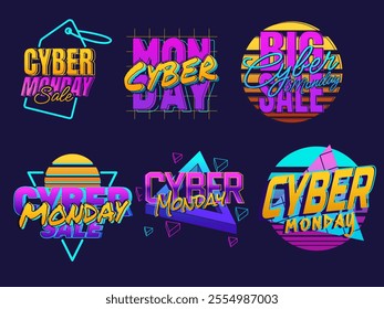 Vibrant and retro-themed designs promoting Cyber Monday sales. Each design features bold, colorful typography and geometric shapes reminiscent of the '80s and '90s. 
Perfect for online marketing 