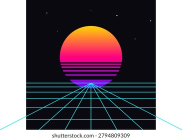 A vibrant retrowave illustration featuring a large gradient sun with horizontal stripes in shades of yellow and pink. Below the sun, a cyan glowing perspective grid recedes toward the horizon against a dark black sky dotted with small white stars, capturing a classic nineteen eighties synthwave and cyberpunk digital aesthetic.