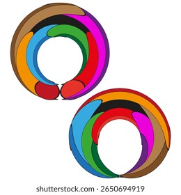 Anéis vibrantes com nervuras. Interconexão de loops multicoloridos. Vetor de espiral expressivo. Composição abstrata dinâmica