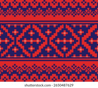 Um padrão contínuo vibrante e rico com a estética tradicional de tecelagem em vermelho e índigo. Inspirado por têxteis tribais artesanais e da tribo das montanhas da Ásia. Ótimo para papéis digitais, vestuário e boho.
