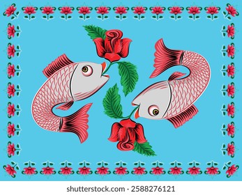 A vibrant rickshaw painting style fish and floral illustration, representing traditional Bangladeshi folk art. Perfect for prints, decor, textiles, and digital projects. Cultural Bengali Art.