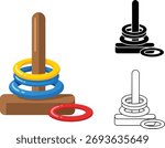 A vibrant ring toss game set with a wooden peg and base, showcasing blue, yellow, and red rings, alongside its black and white line art representations.