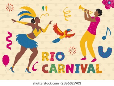 Vibrant Rio carnival poster with samba dancers, tropical parrot, mask, naive doodle shapes. Modern vector illustration in hand drawn style.