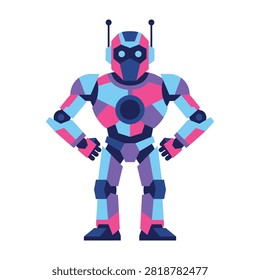 Vibrant robot in pink blue and purple armor with helmet and glowing eyes standing confidently