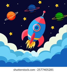 A vibrant rocket soaring through space with colorful planets, stars, and fluffy clouds in the background. The playful design is perfect for kids, inspiring curiosity and excitement about outer space a