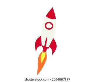 Vibrant rocket vector illustration launching with bright flames, perfect for space-themed projects, startups, or educational materials