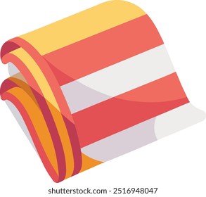 Vibrant rolled beach towel illustration. Colorful striped design in red, orange, yellow, and white. Modern vector graphic with 3D effect. Perfect for summer, vacation, beach resort, or spa concepts. C