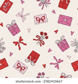 A vibrant and romantic illustration featuring envelopes, gift boxes, flower bouquets, ribbons, hearts, and bows in shades of pink and red. Perfect for Valentine's Day or weddings.