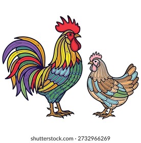 Gallo vibrante y gallina de pie juntos en una escena de corral visto desde la ilustración lateral