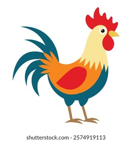 "Vibrant rooster vector illustration featuring bold colors and intricate details. Perfect for logos, farm-themed designs, or decorative projects. High-resolution and versatile for various uses, includ