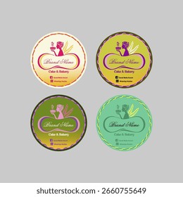 Lebendige runde Kuchen- und Backetiketten in vier Farbvarianten mit einem Chef- und Weizendesign. Perfekt für das Branding. #CakeLabels #BakeryBranding