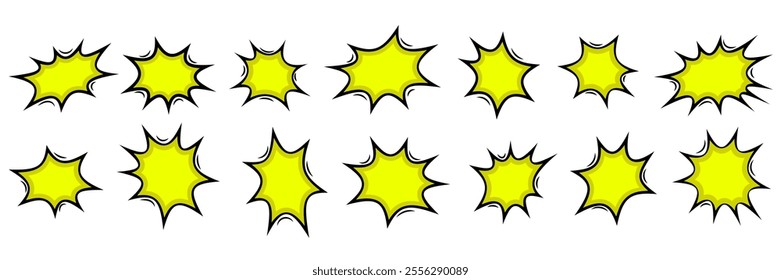 A vibrant row consisting of yellow stars that have bold black outlines, beautifully displayed against a clean white background, creating a striking visual effect