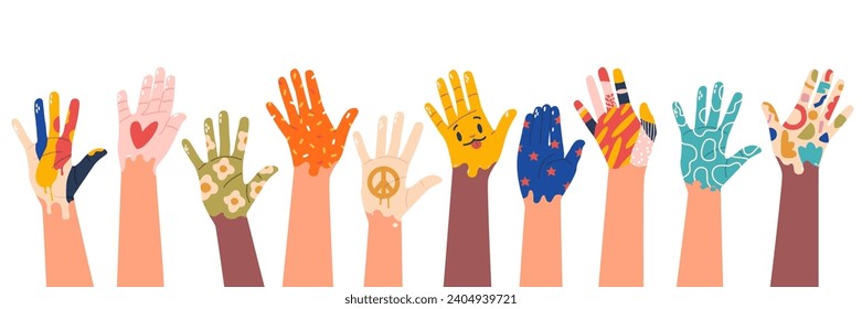 Vibrant Row Of Raised Hands, Each Painted With Diverse Hues, Creates A Kaleidoscope Of Unity And Expression