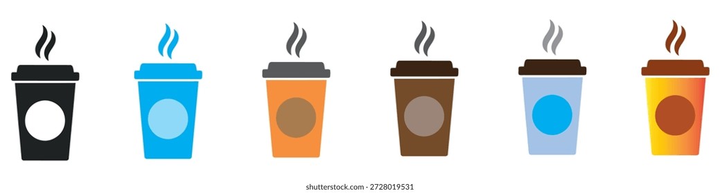 Eine lebendige Reihe von sechs stilisierten heißen Kaffeetassen in verschiedenen Farben mit Dampf