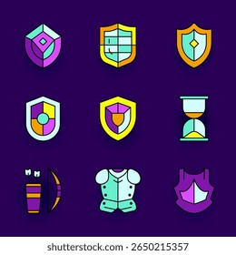 Vibrant RPG icons showcasing shields, armor, arrows, and hourglass timers. Perfect for role playing games, UI elements, and fantasy inventory design