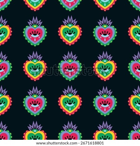 Vibrant Sacred Heart Vector Illustration Seamless Pattern. Colorful sacred heart pattern vector illustration featuring vibrant colors against a dark background.