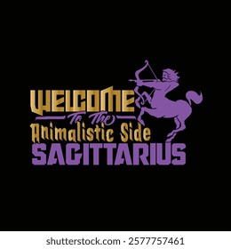 A vibrant Sagittarius design with a centaur archer and bold typography, expressing the zodiac sign theme.