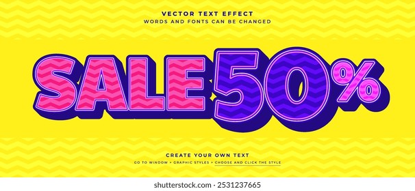 Vibrant sale 50 percent text effect on abstract yellow  background, vector discount promotion graphic style