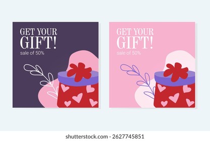 Vibrant sale background with gift box and hearts. Ideal for social media posts and banners